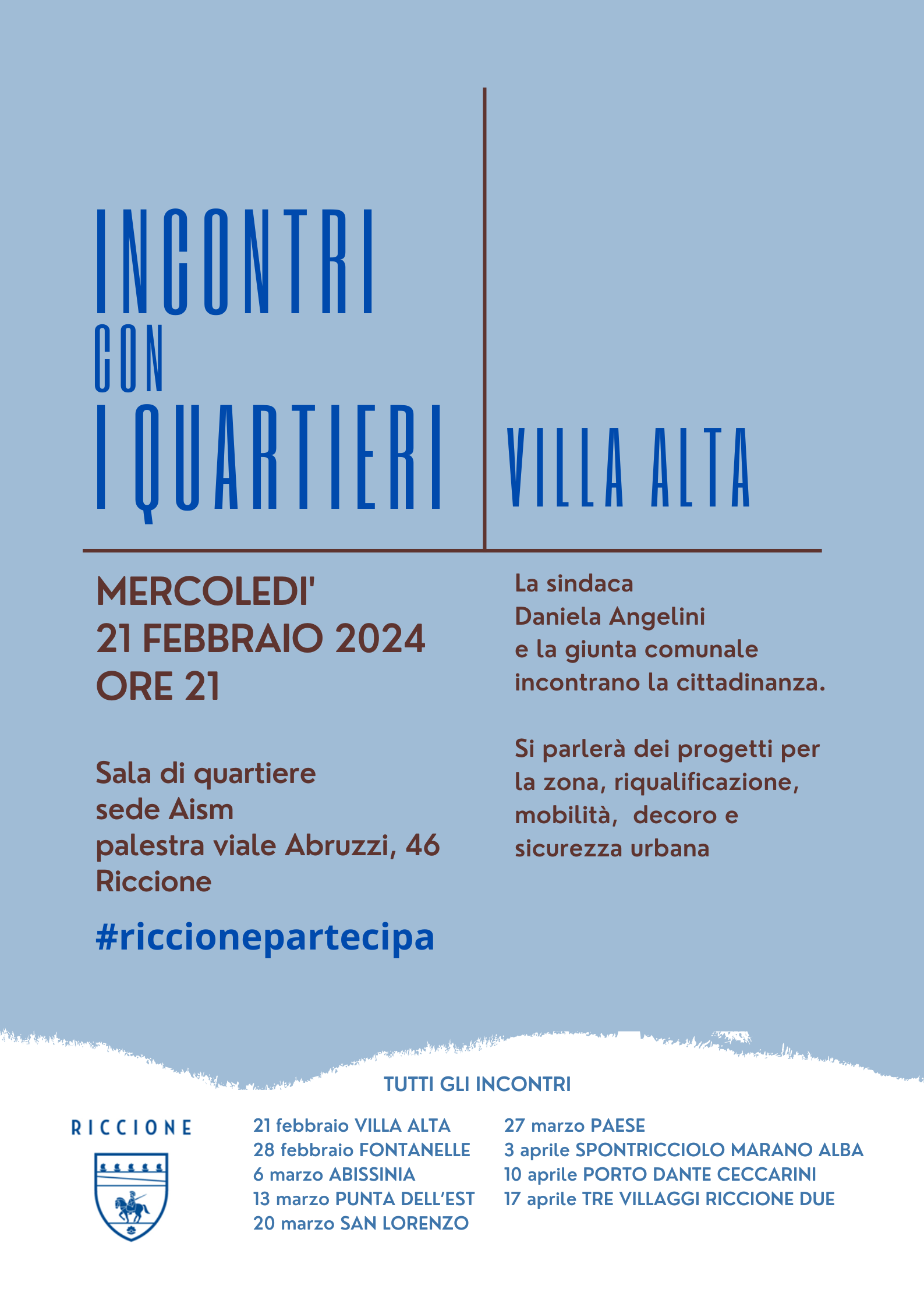 La sindaca Angelini e la giunta comunale domani sera a Villa Alta per ascoltare i cittadini e condividere i progetti