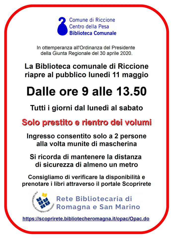 Banner informativo su riapertura biblioteca comunale Riccione