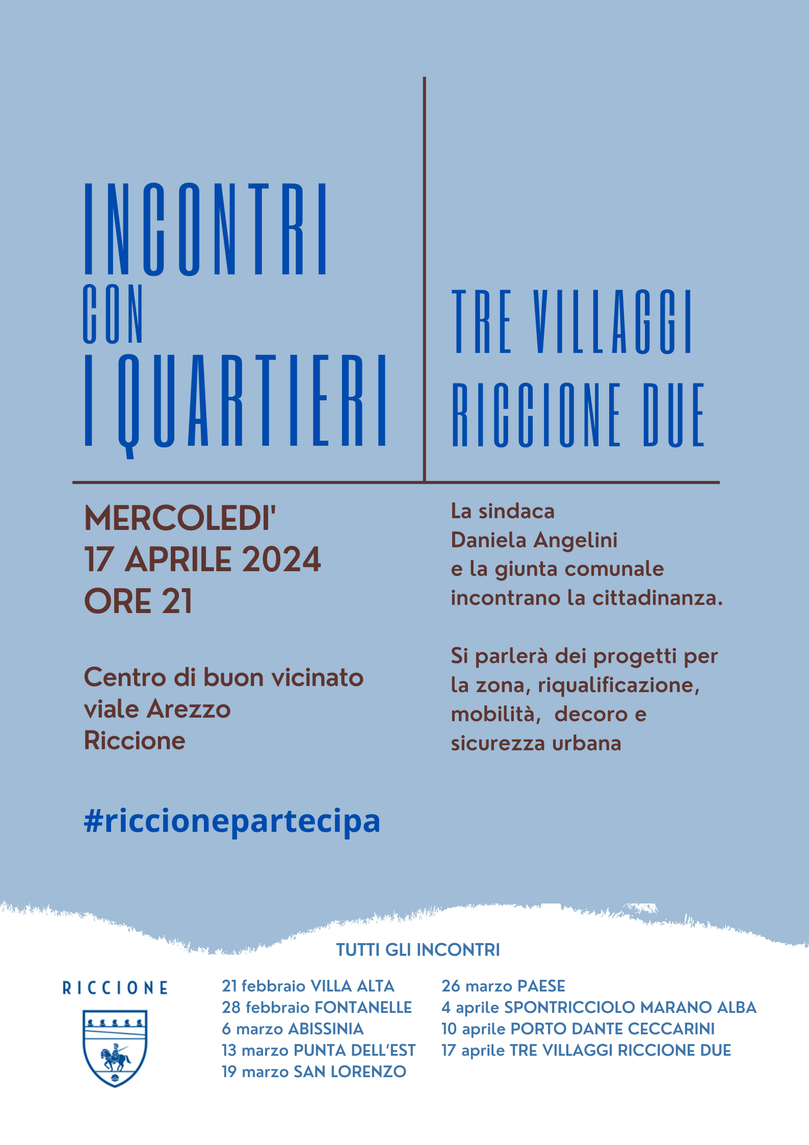 Ultimo appuntamento di #riccionepartecipa: la sindaca e gli assessori domani incontrano i residenti di Tre Villaggi e Riccione Due